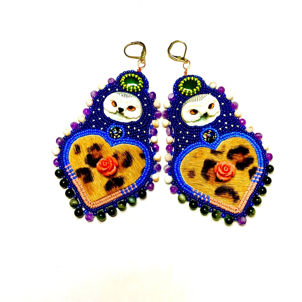 Beaded Beadwork Embroidery Snowy Owl Earrings Snakeskin Gemstone Jewelry